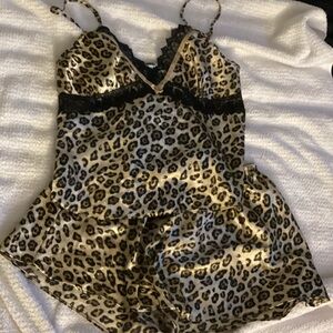 Elegant Leopard Satin Pajama Set with Lace Trim